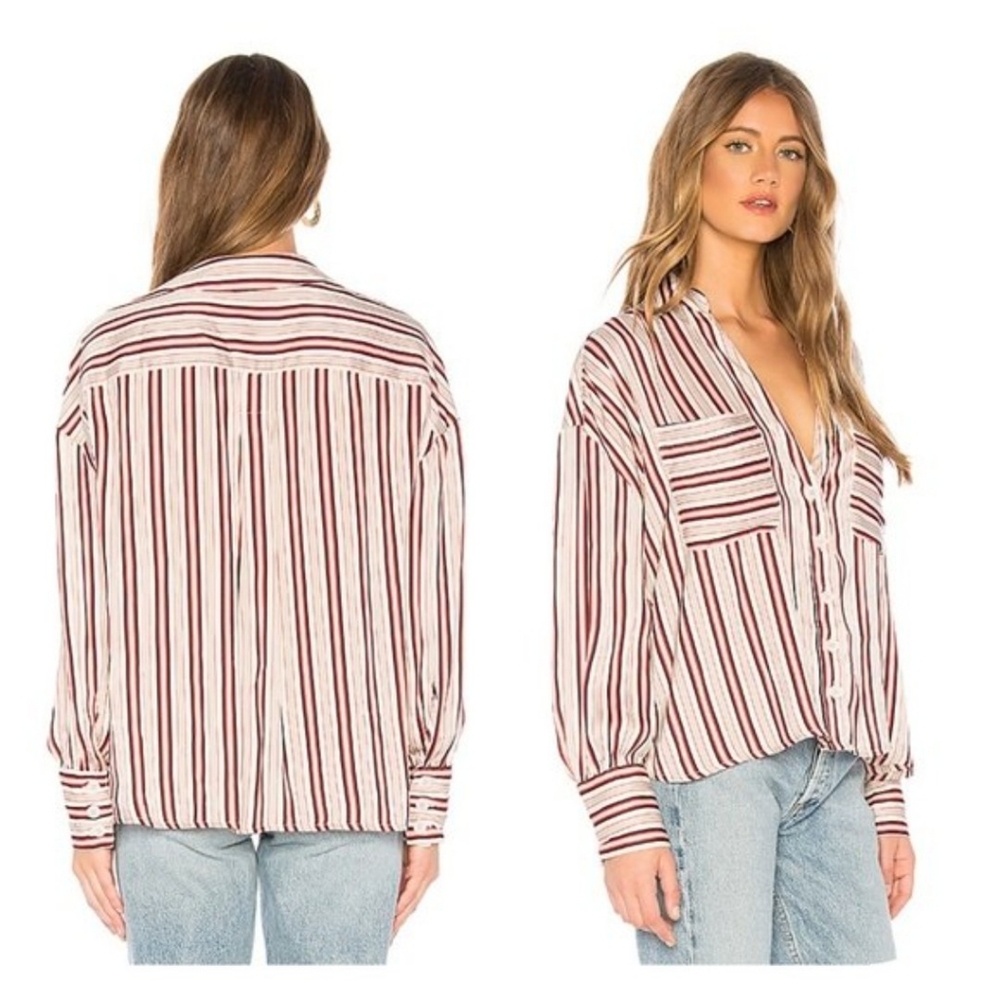Free People Mad About You Red Blie Striped Button Down Size Medium Oversized